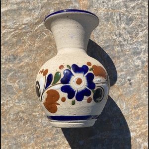 Mexican Tonala style Ceramic Vase - Blue and Brown Floral Design